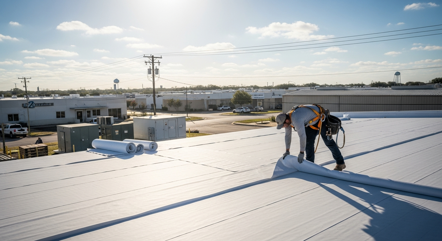 TPO flat roof installation on commercial building in Yoakum, Texas