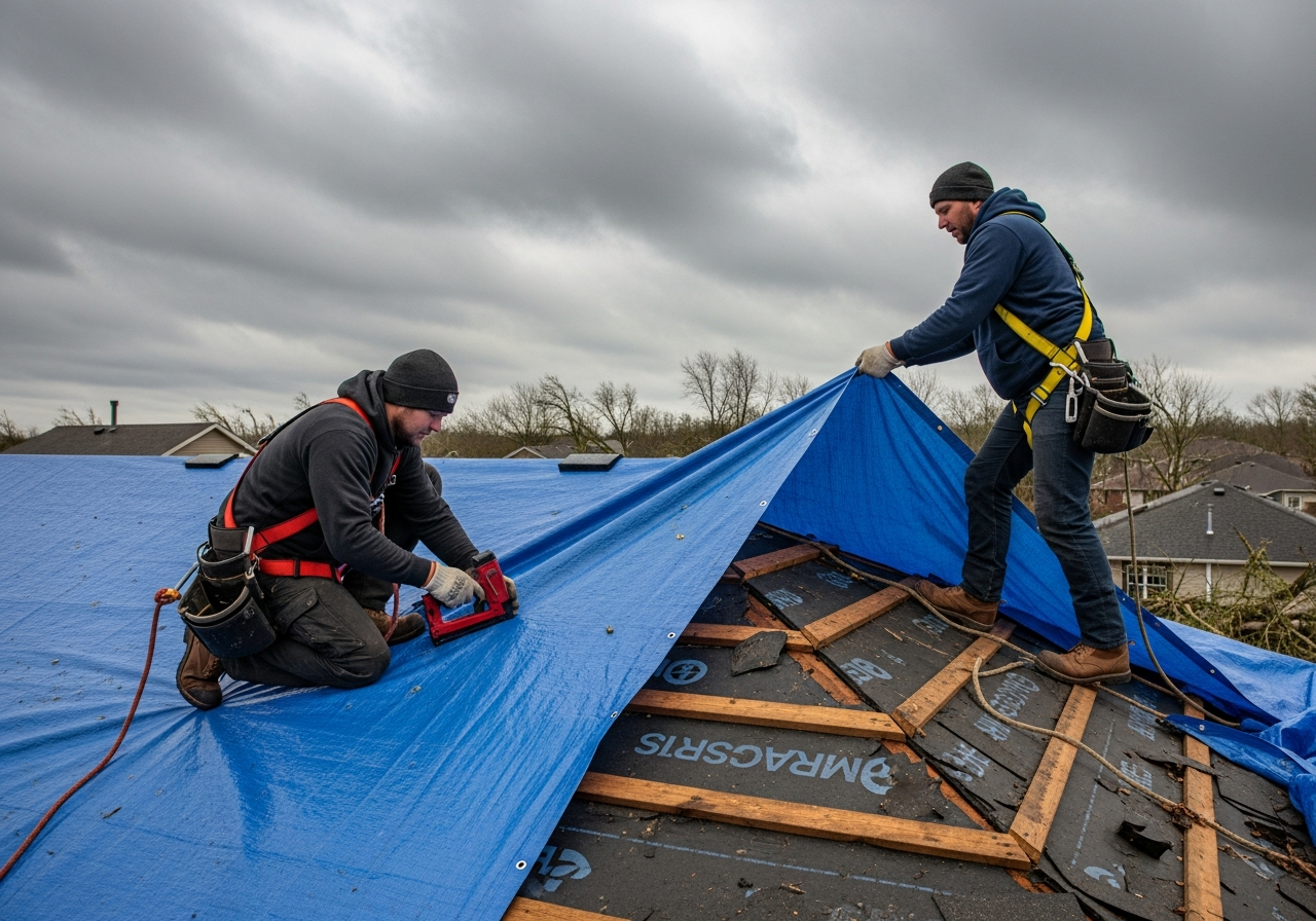 Emergency roof tarping after storm damage in Yoakum, Texas