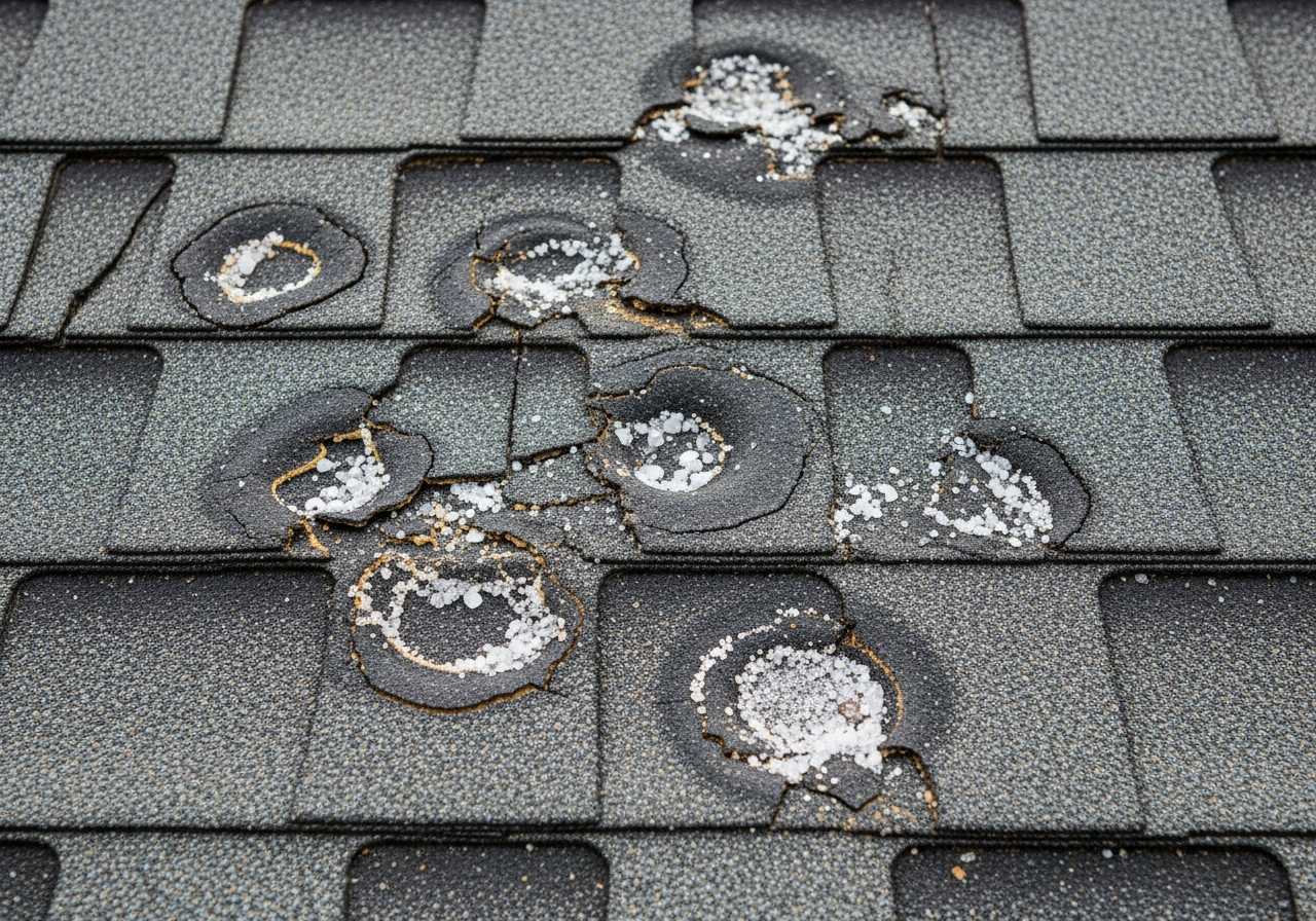 Close-up of hail damage on asphalt shingles in Yoakum, Texas