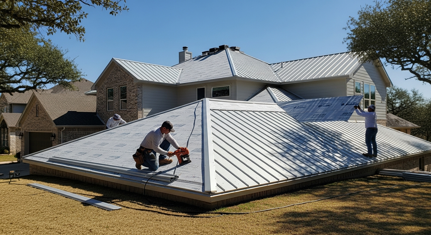 Standing seam metal roof installation in Yoakum, Texas