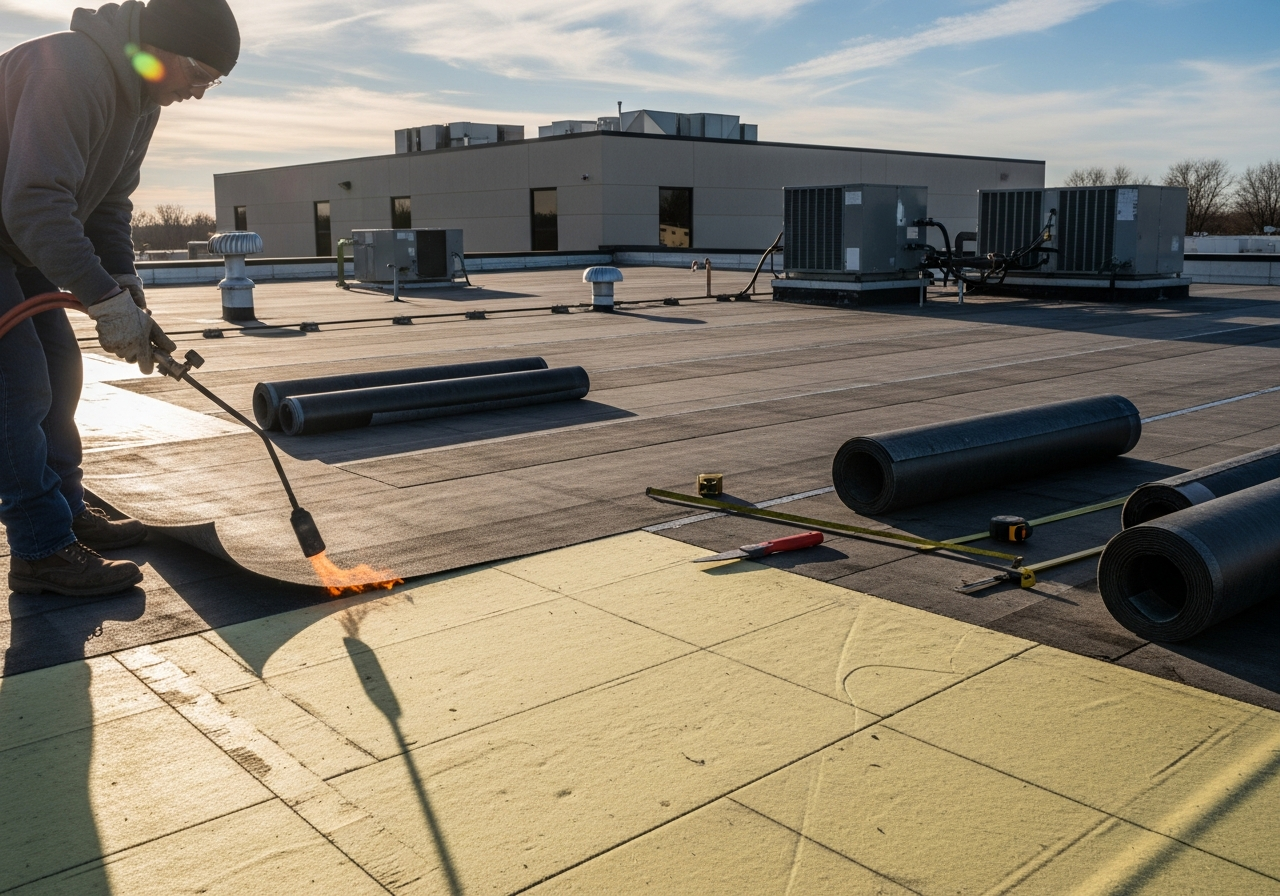 Modified bitumen roofing installation in Yoakum, Texas