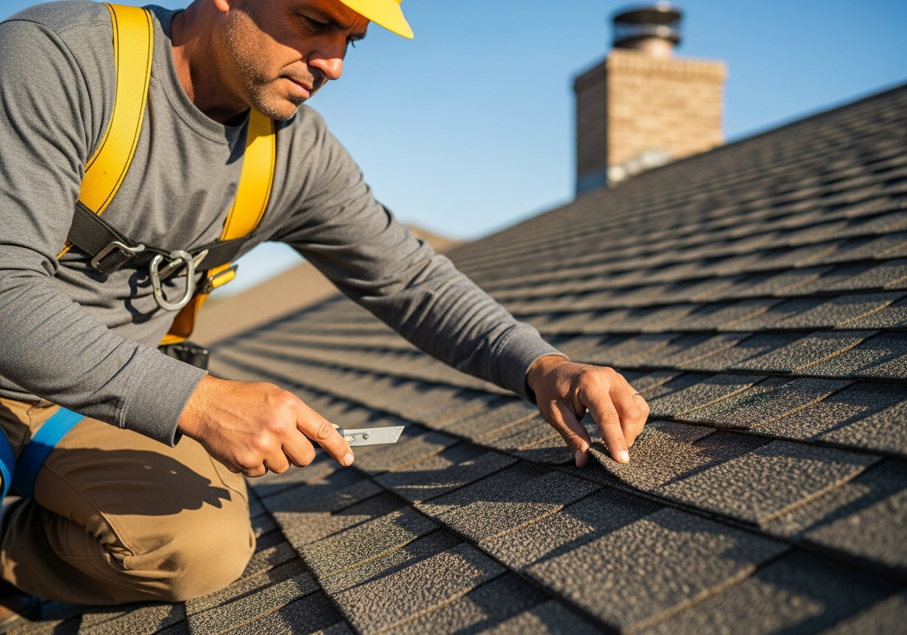 Close-up of professional shingle repair work in Yoakum, Texas