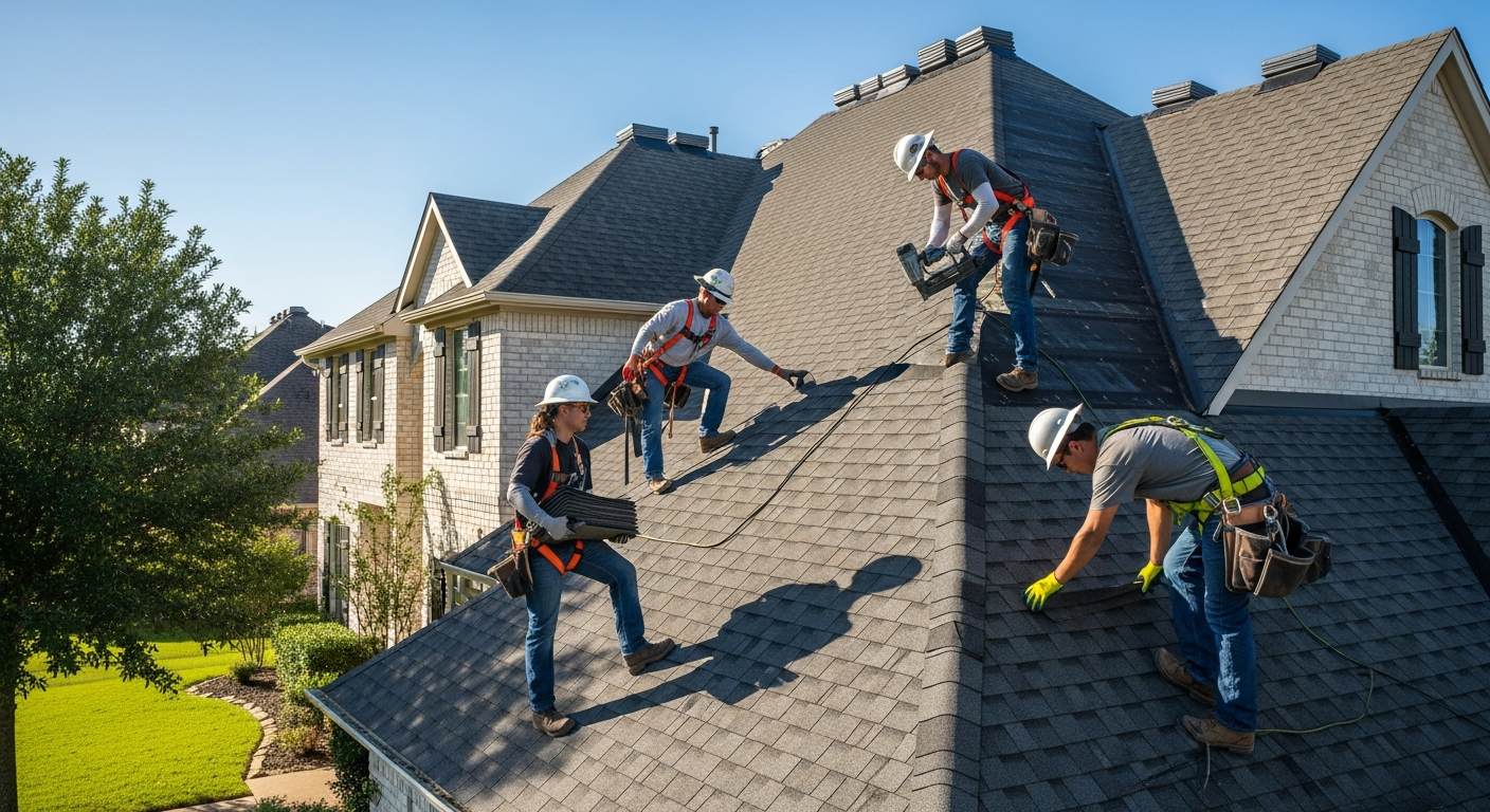New roof installation in progress in Yoakum, Texas