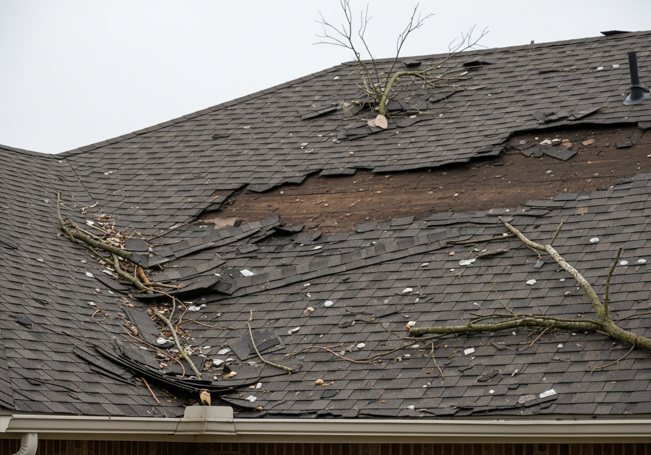 Storm damage roof inspection in Yoakum, TX showing hail damage assessment