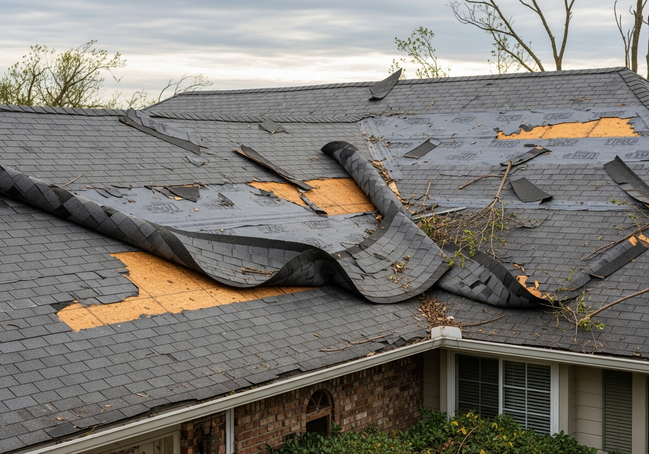 Wind damage showing missing shingles on Yoakum, Texas roof